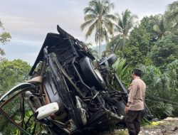Sat Lantas Polres Tanggamus Lakukan Evakuasi Bus Study Tour Kecelakaan di Jalinbar Pekon Sedayu