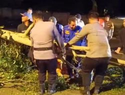 Polres Tanggamus Bersama Damkar dan Warga Evakuasi Pohon Tumbang Akibat Angin Kencang